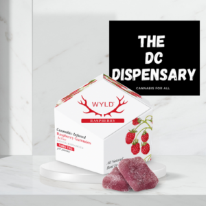 WYLD Raspberry THC Gummies 100mg Sativa enhanced cannabis edibles box with real fruit raspberry gummies
